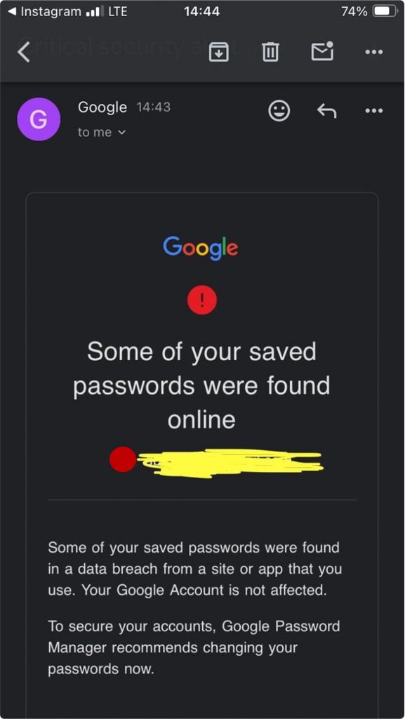 Some of your saved passwords were found in a data breach