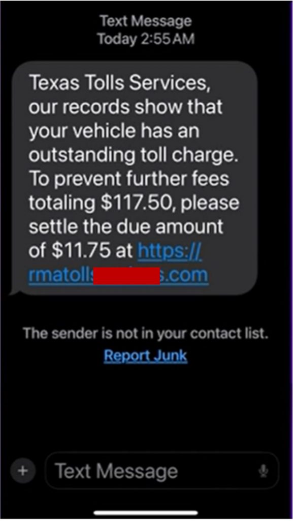 Texas Toll Service Scam Text