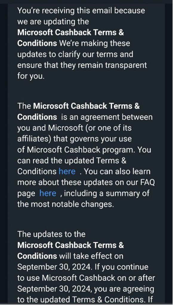 Microsoft Cashback Email