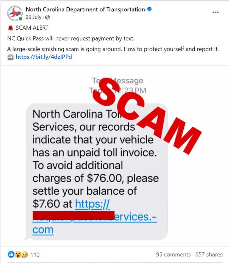 NC Quickpass toll scam_Official Alert