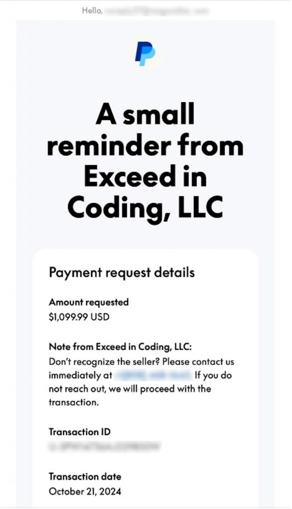 Scam of the week_Exceed in Coding LLC PayPal Invoice Scam