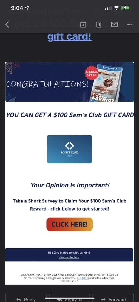 fake Sam’s Club gift card email