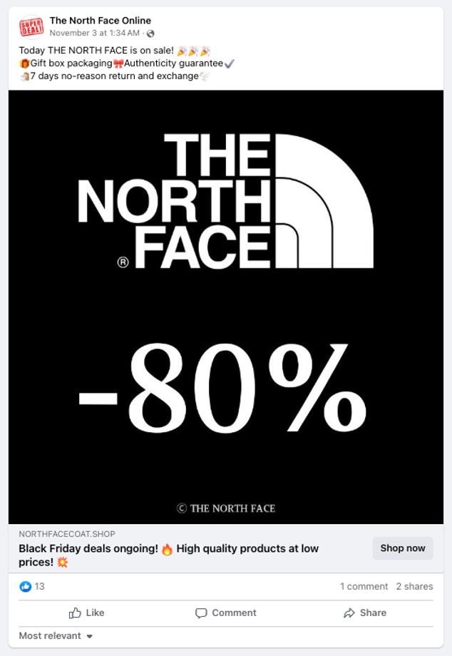 Black Friday Scams 2024_Sample fake The North Face ads on Facebook