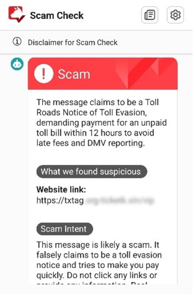 Tx Tag scam text_Scam Check result