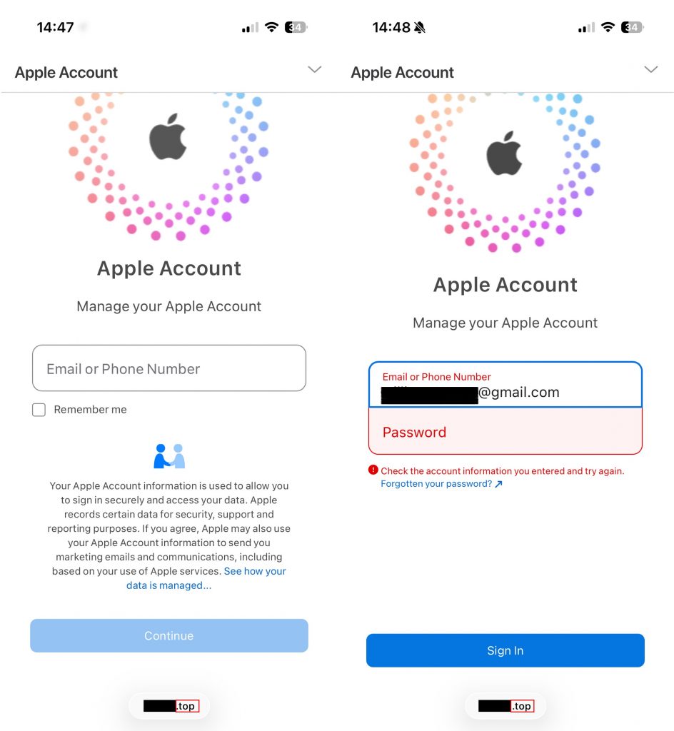 Sample fake Apple login page. The design mimics Apple's official site, but the domain is not apple.com. Source: Trend Micro