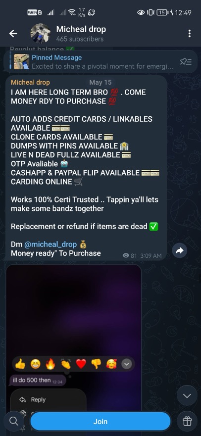 A Telegram group that hosts “free drop” event to giveaway credit card details