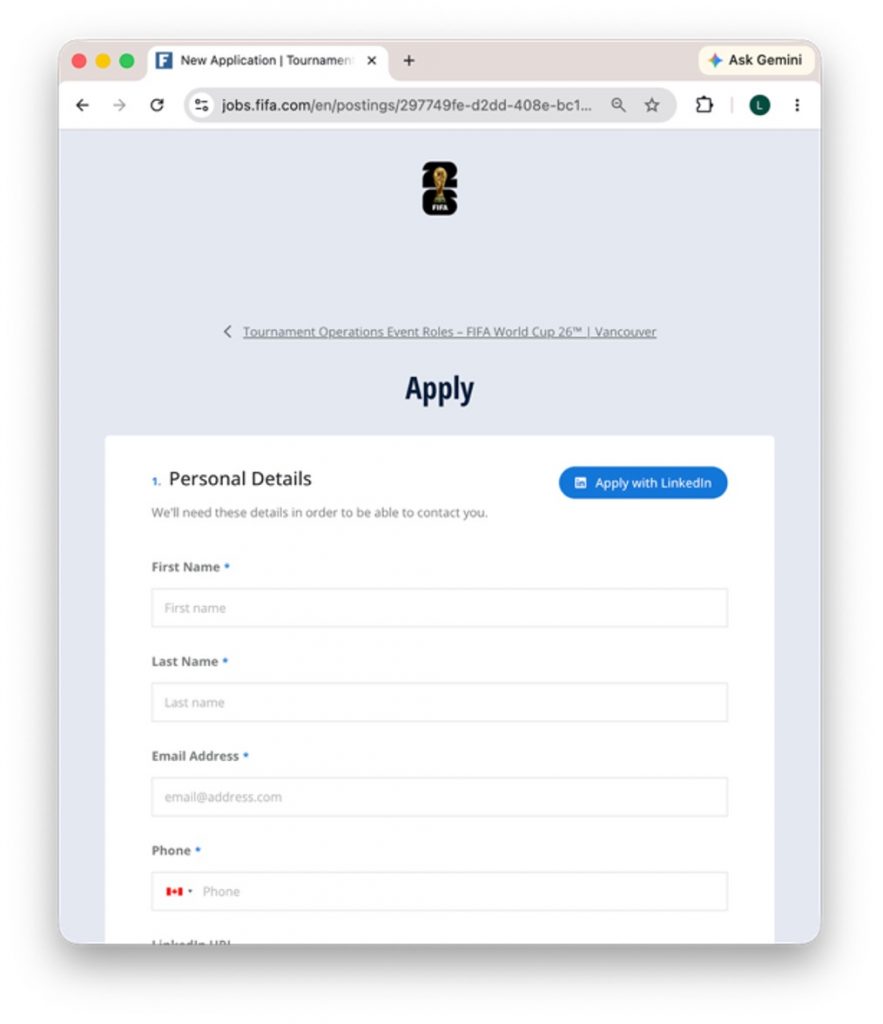 Real FIFA application form on jobs.fifa.com