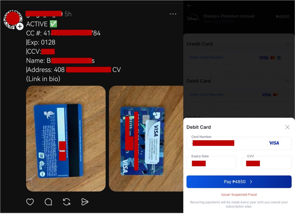 Threads posts featuring full stolen credit card details that are already burned