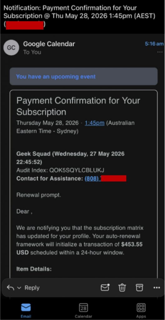 Billing alert Google Calendar scam