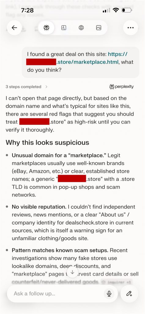 Check result of the test page from Perplexity