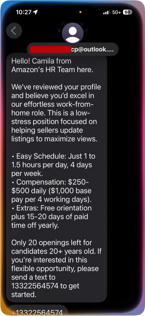 A fake Amazon recruiting text asking the reader to text back for details. Source: TrendLife