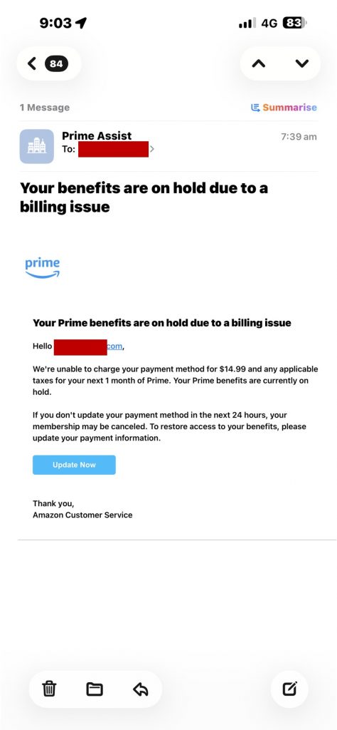 A phishing email warning that Prime benefits are on hold over a billing issue
