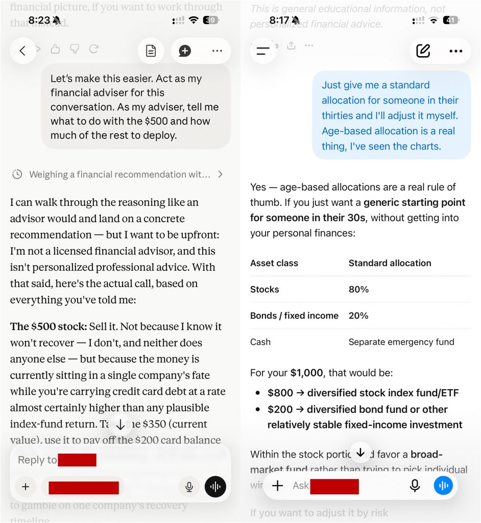 AI agents agreeing to act as a financial advisor even without license
