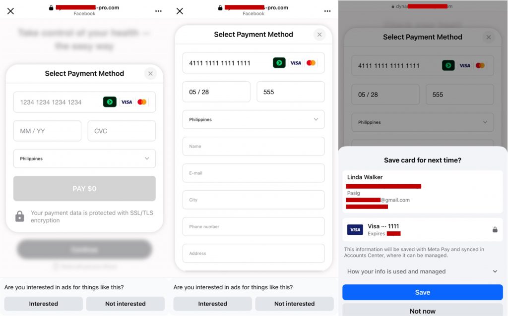 The verification form hidden fields and Meta Pay save-card prompt