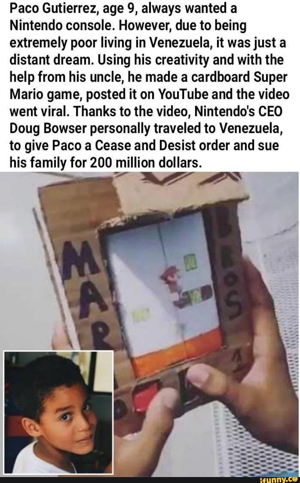 A meme falsely claims that Nintendo sued a little boy. 