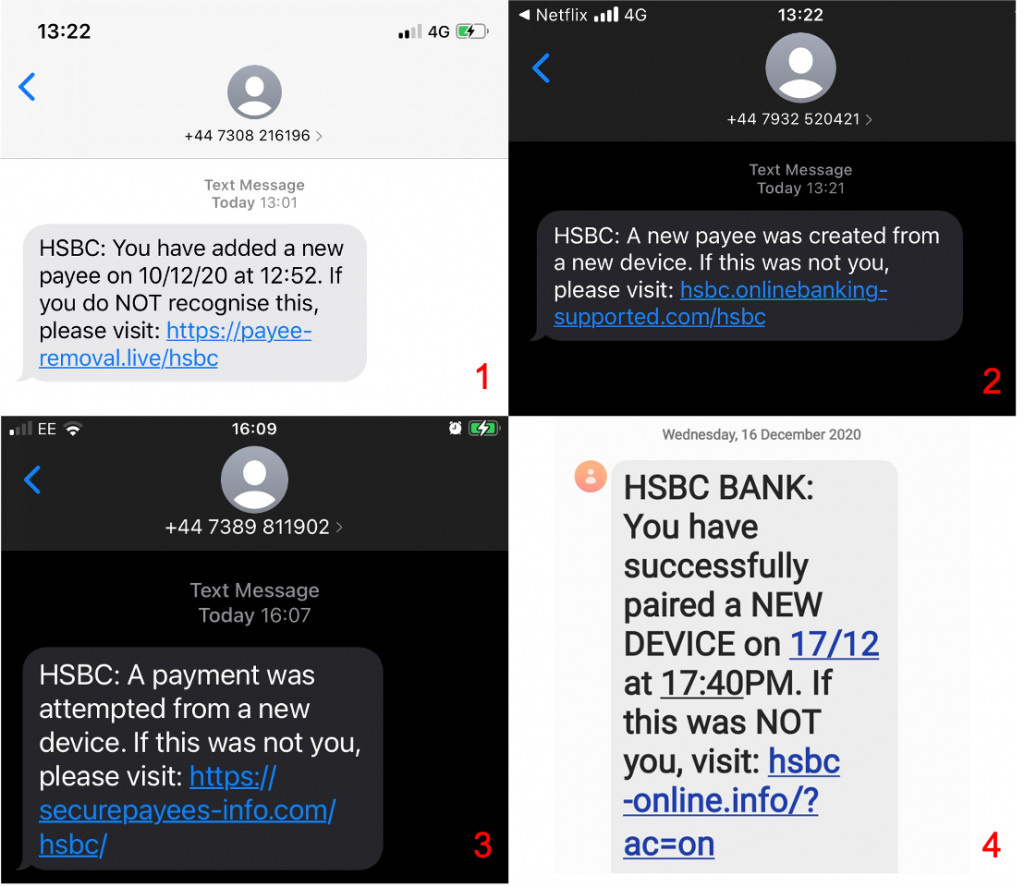 Examples of HSBC phishing texts.
