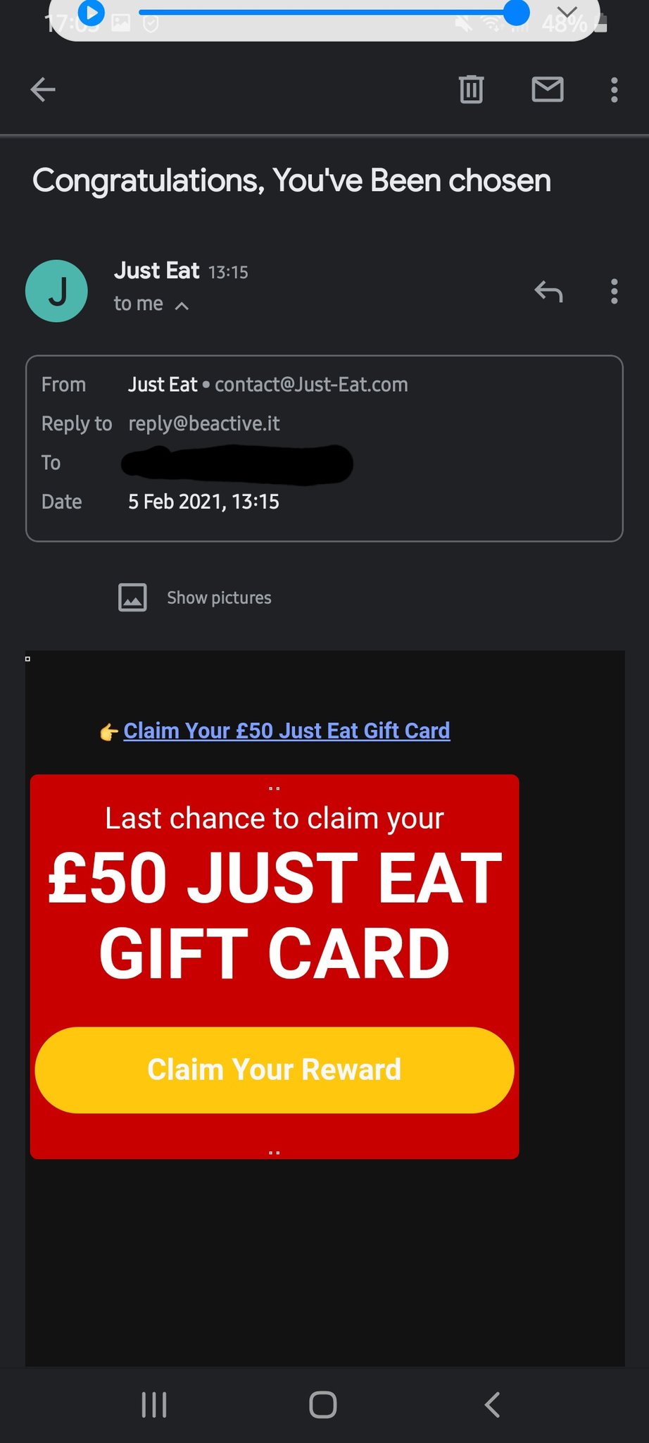 Just Eat phishing email. Source: Twitter