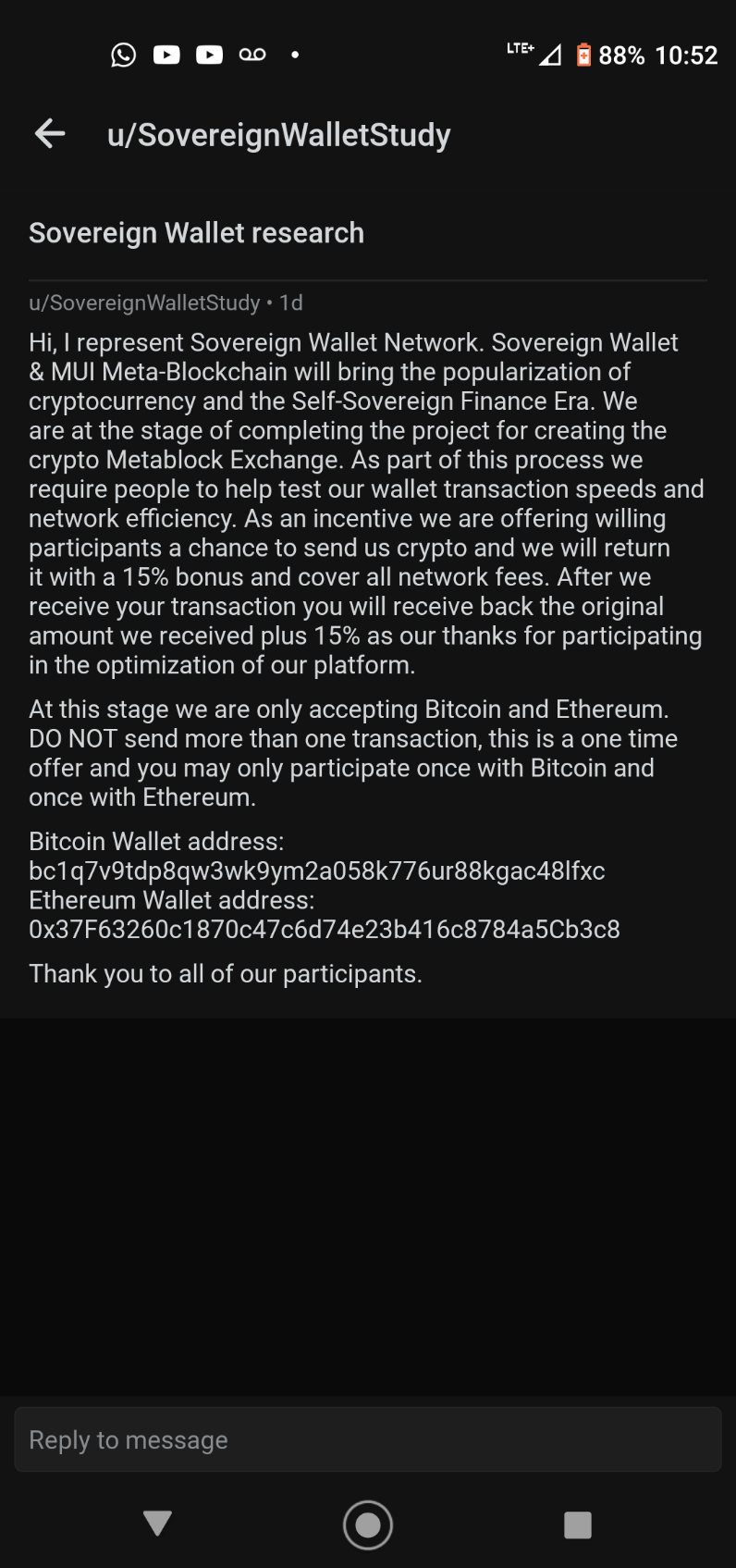 Cryptocurrency scam on Reddit.