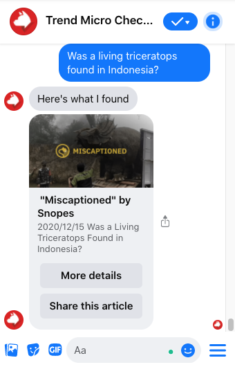 Search in Trend Micro Check chatbot to see if there is really a dinosaur found.