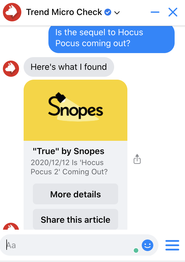 Verify information using Trend Micro Check. Source: Snopes