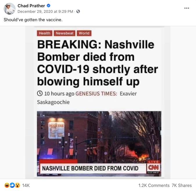 A Facebook post falsely claimed that the Nashville bomber died from COVID-19. 