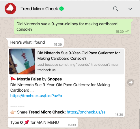 Trend Micro Check is also available on WhatsApp.