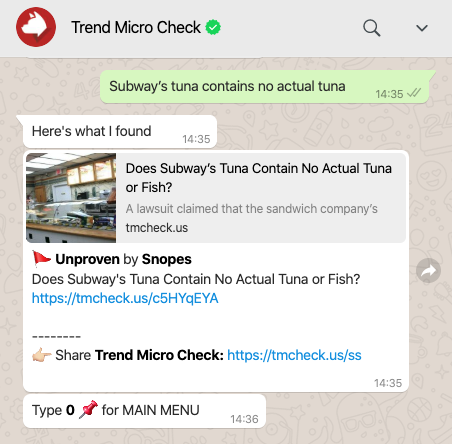 Trend Micro Check is also available on WhatsApp. 