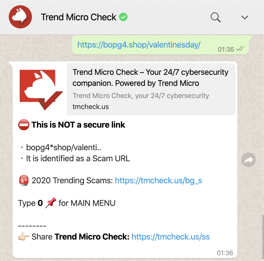Trend Micro Check is also available on WhatsApp. Send a link to check the safety immediately.