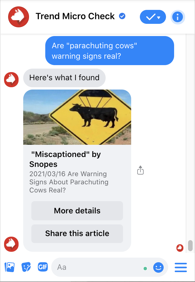 Ask Trend Micro Check questions on Messenger for an immediate fact-check. 