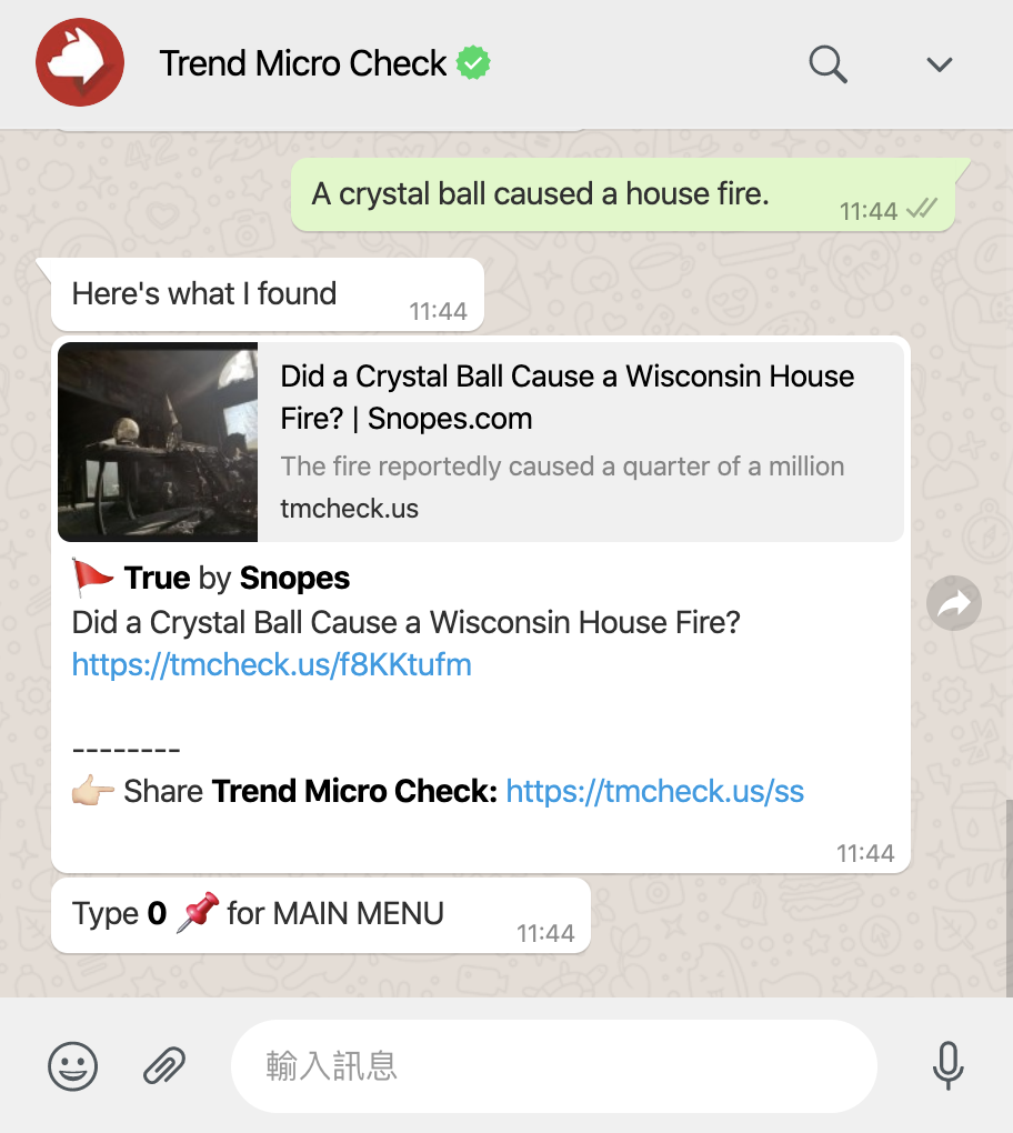 Send statements to Trend Micro Check on WhatsApp and get real-time results.