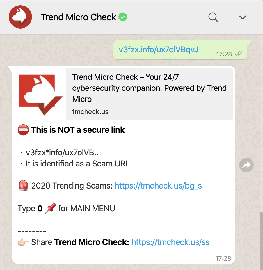Trend Micro Check is available on WhatsApp as well.