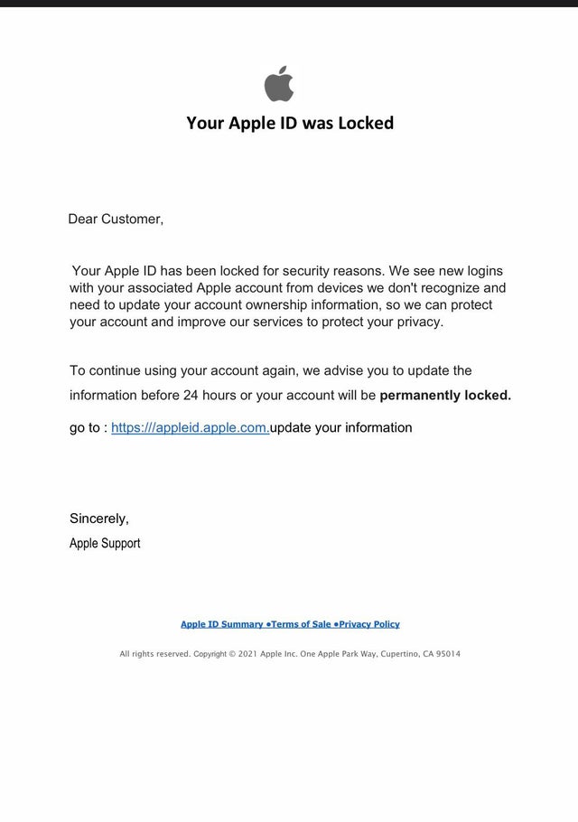 Apple ID phishing email. Source: Reddit