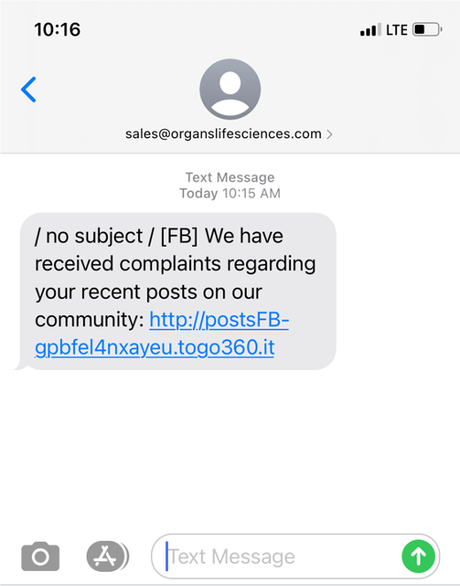 Facebook phishing text message. Source: Reddit
