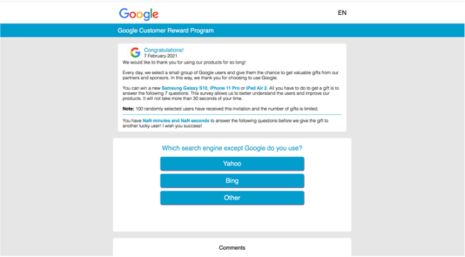 Fake Google survey page.