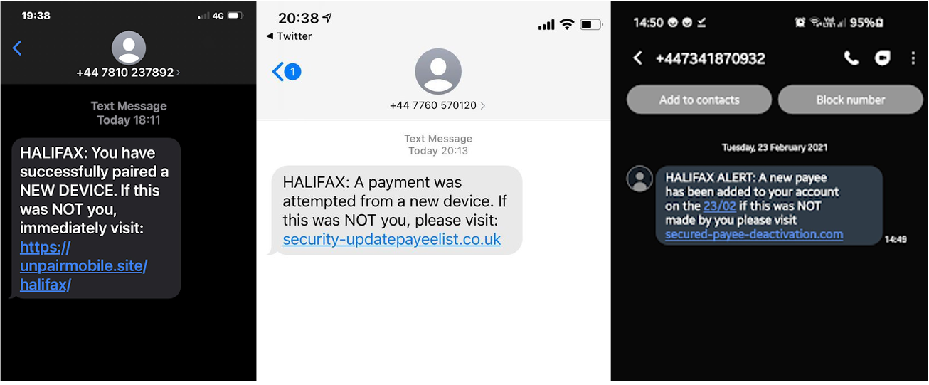Halifax bank phishing text messages. Source: Twitter