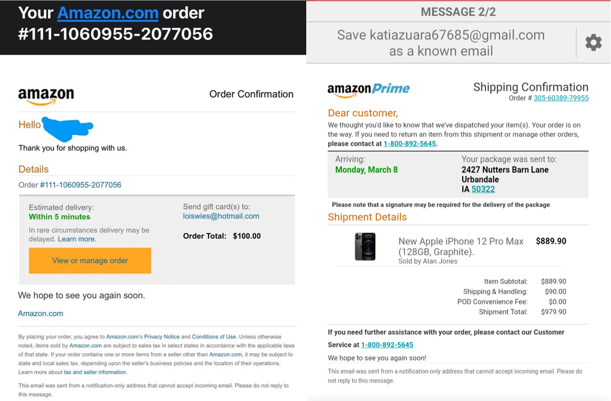 Spoofed Amazon confirmation email. Source: Reddit