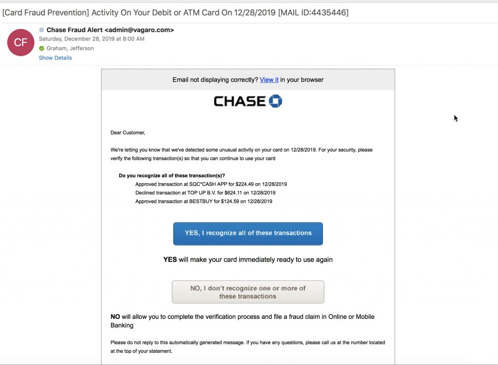 A Chase bank phishing email. 