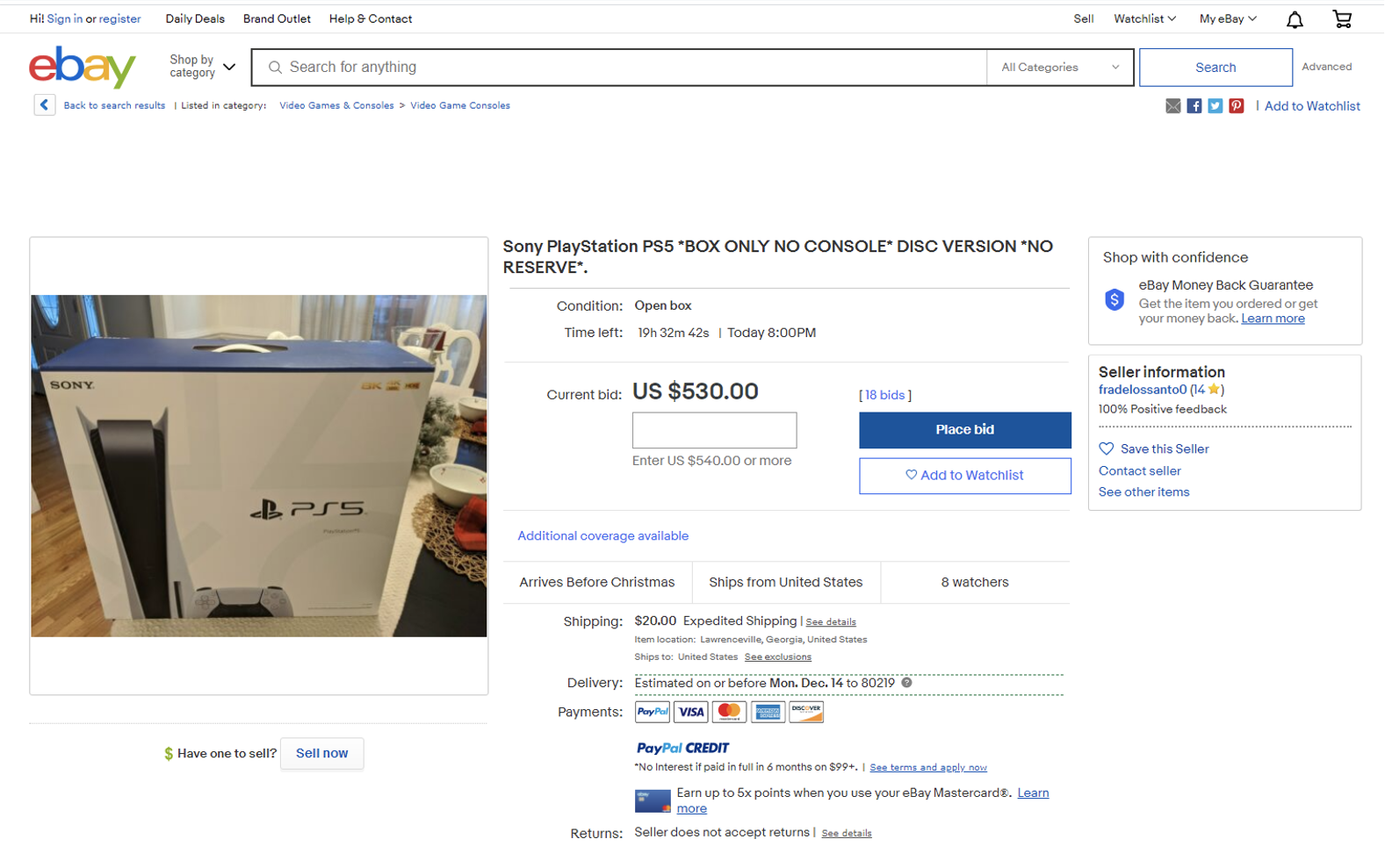 PS5 box listed as a product on eBay