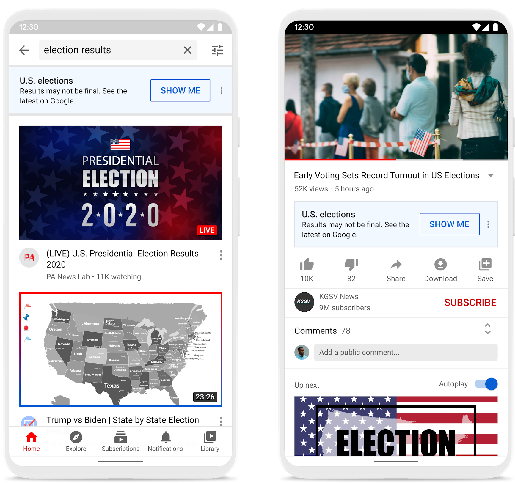 An information panel is shown on top of the search results page and under videos about the election. Source: YouTube Offical Blog