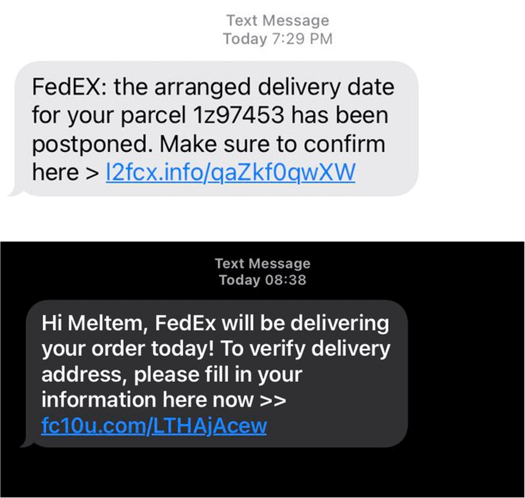 FedEx phishing text messages.