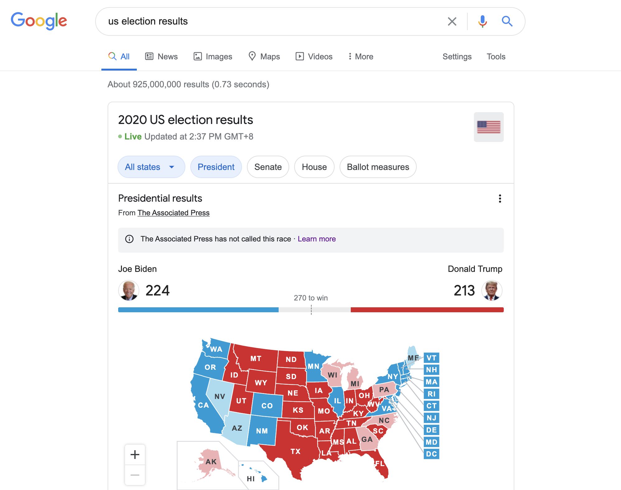 Google search result page shows overall results provided by AP on top