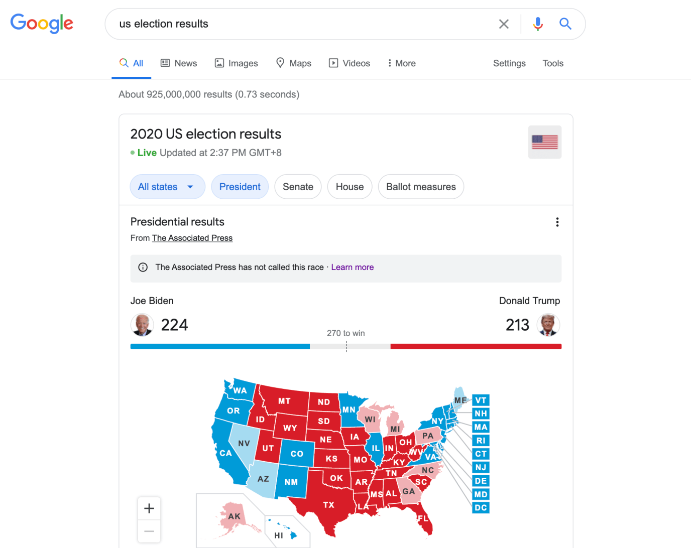 Real-time election results from The Associated Press (AP) on Google searching page.