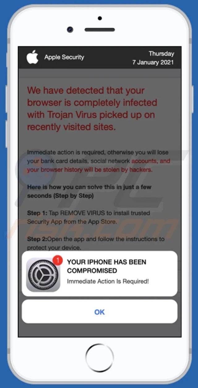 An example of iPhone pop-up alert scams. Source: Reddit