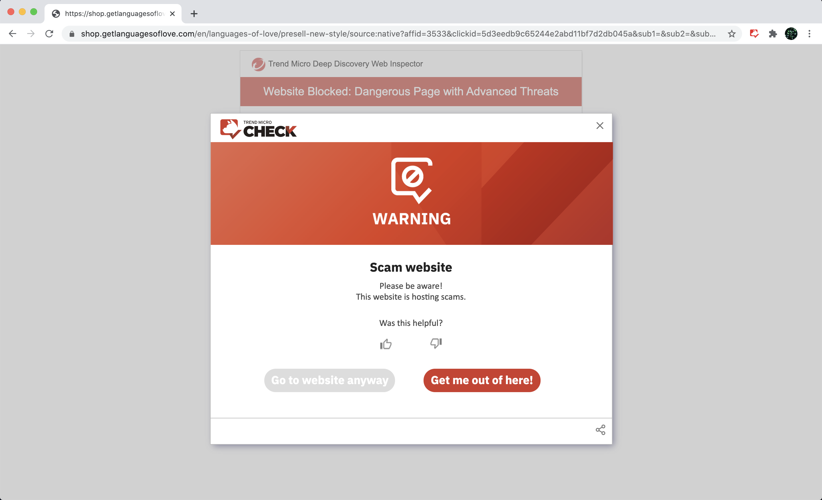 Trend Micro Check Chrome extension version detects the safety status and blocks dangerous pages immediately.
