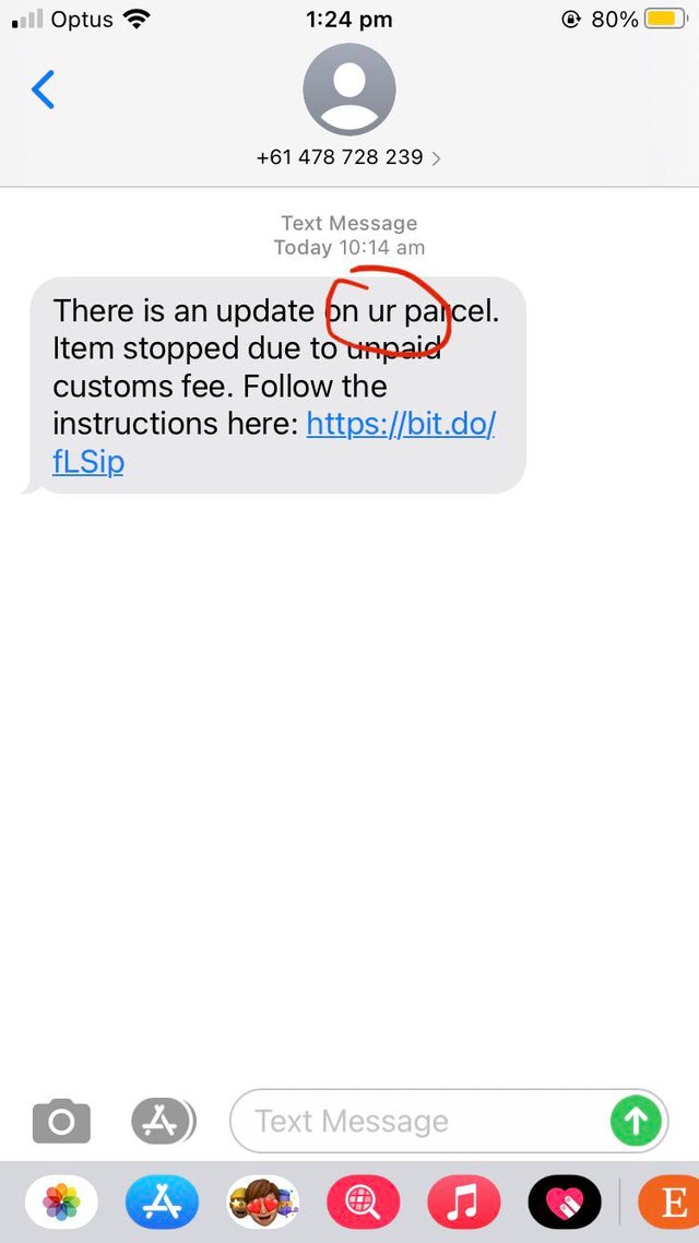 A parcel tracking phishing text.