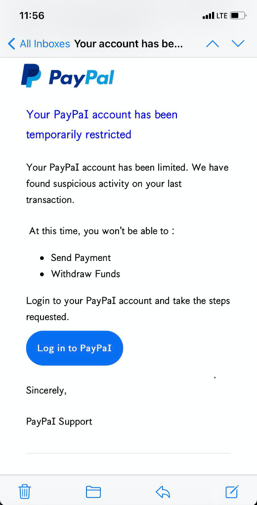 PayPal verification phishing email. 