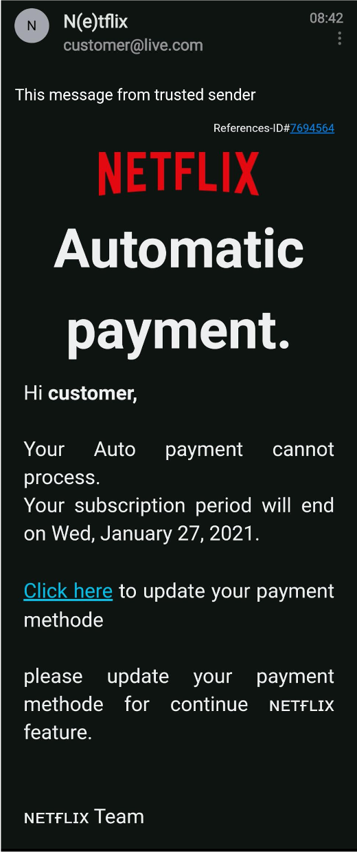 Netflix auto payment phishing scam.