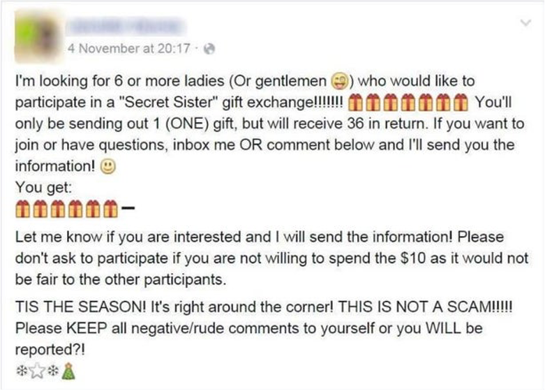 An invitation of Secret Sister gift exchange on Facebook post. Source: Reddit