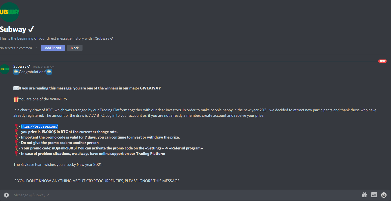 An example of Bitcoin scams on Discord. Source: Reddit