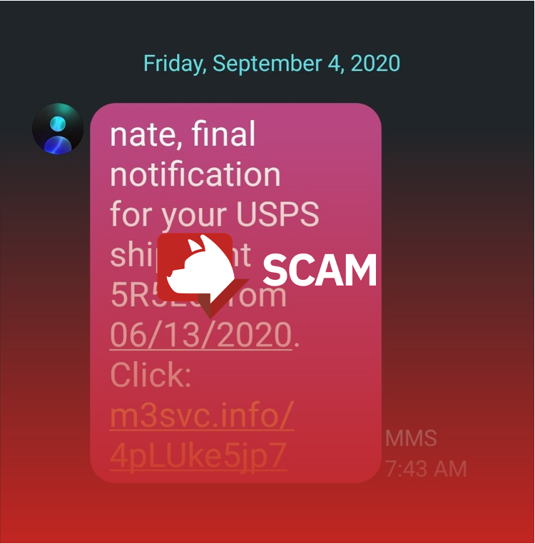 Fake “shipment” text message with phishing link (source: Reddit)
